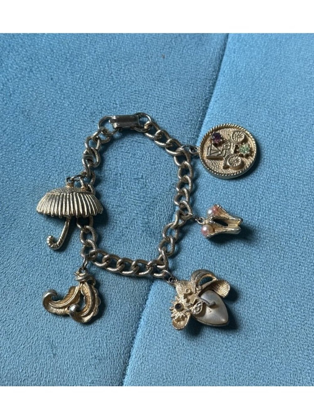 Vintage Charm Bracelet Gold Tone Heavy Fashion Charms Umbrella Hat Carriage